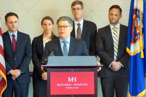 Sen. Al Franken called on GOP leaders to end a block on Merrick Garland's Supreme Court judicial hearings during a news conference at Mitchell Hamline 