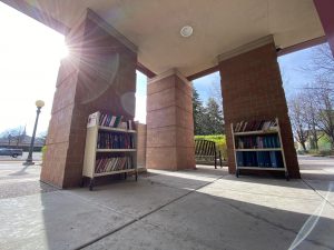 books on a bookcart outside