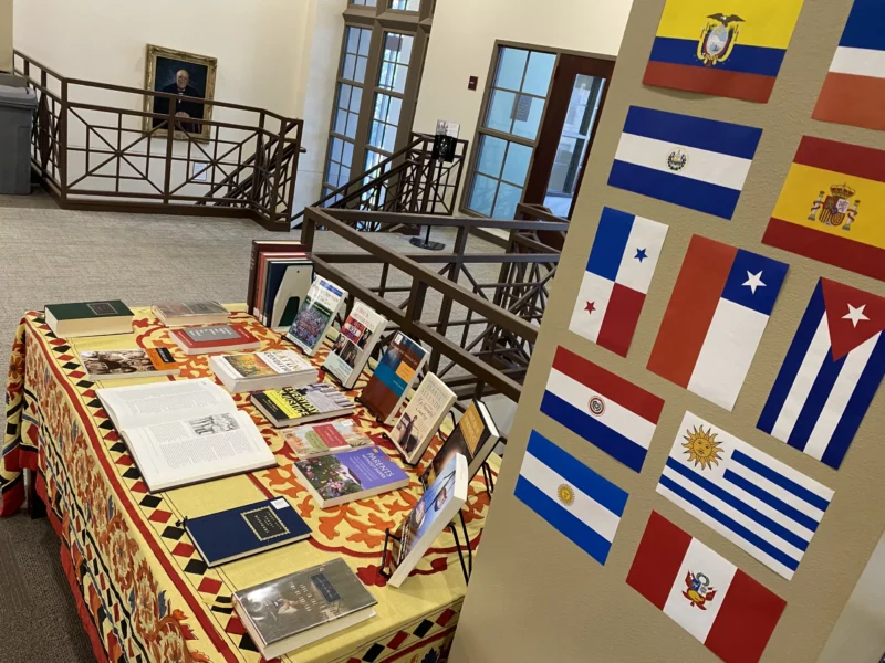 Flags on a wall and book display
