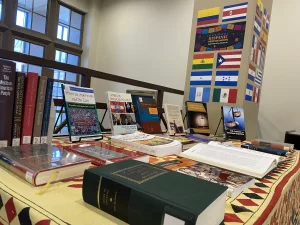 various books displayed on a table