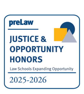 A badge from preLaw magazine recognizing justice and opportunity honors for law schools expanding opportunity, 2025-2026