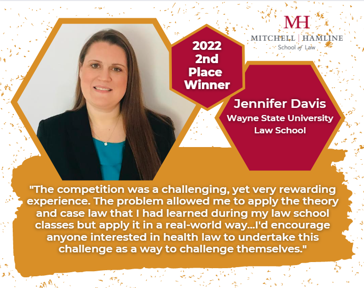 “The competition was a challenging, yet very rewarding experience. The problem allowed me to apply the theory and case law that I had learned during my law school classes but apply in a real-world way… I’d encourage anyone interested in health law to undertake this challenge as a way to challenge themselves.” Jennifer Davis, Wayne State University Law School, 2022 2nd Place Winner