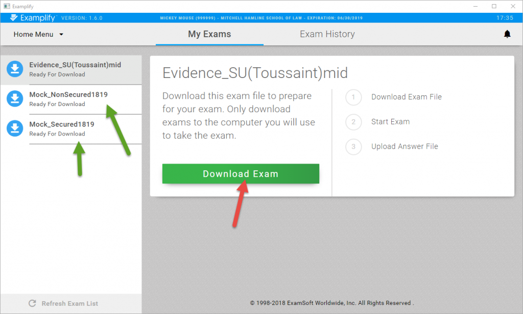 Examplify exam download page. Two green arrows point to mock exams, one red arrow points to download button