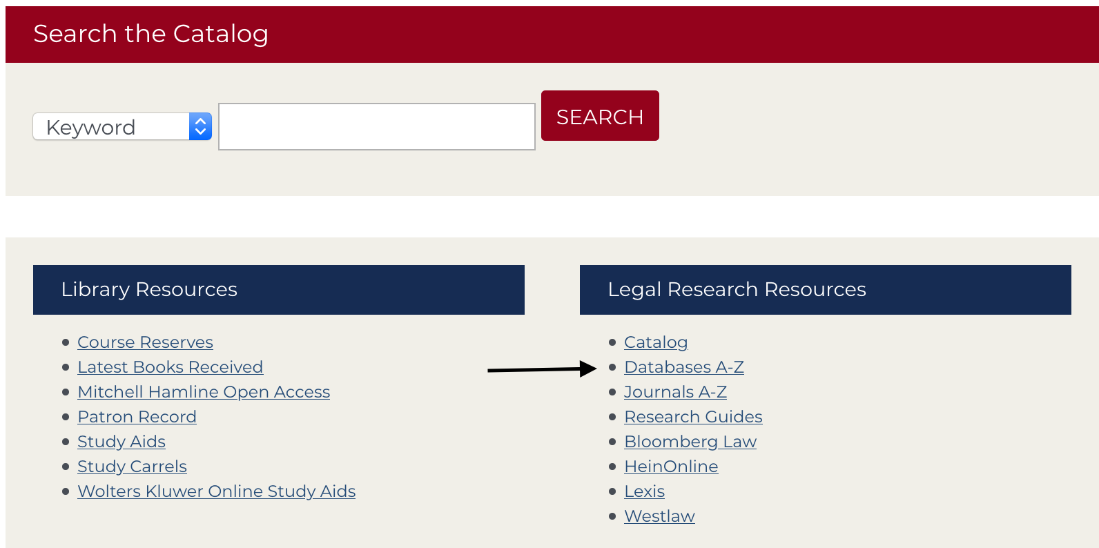 Library homepage with an arrow pointing at the Databases A-Z link