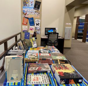 Books displayed on a table